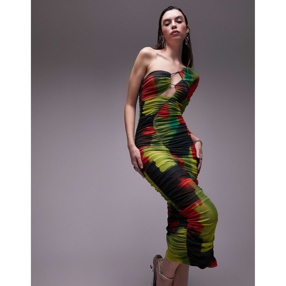 TOPSHOP One Shoulder Ruched Tie Dye‎ Mesh Midi Dress Size 2